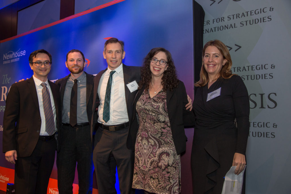 The Toner Prize-winning Washington Post team, from left: Tom LeGro, Dalton Bennett, Shawn Boburg, Beth Reinhard and Stephanie McCrummen. Photo by Scott Robinson.